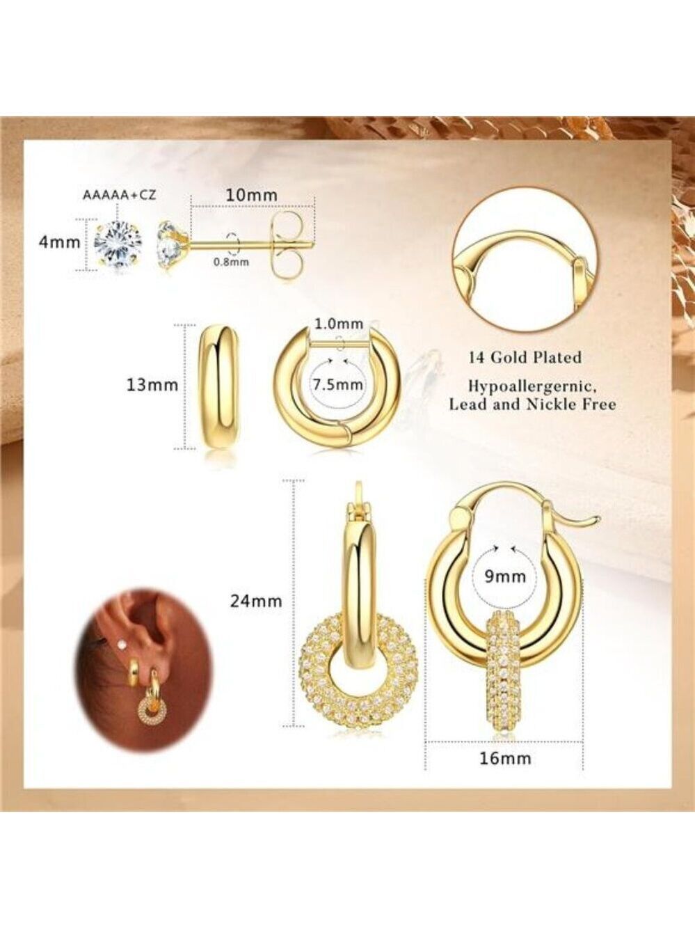 3 Pairs 14K Gold Plated Stackable Earrings Set Huggie Hoop Earrings - Picture 2 of 7
